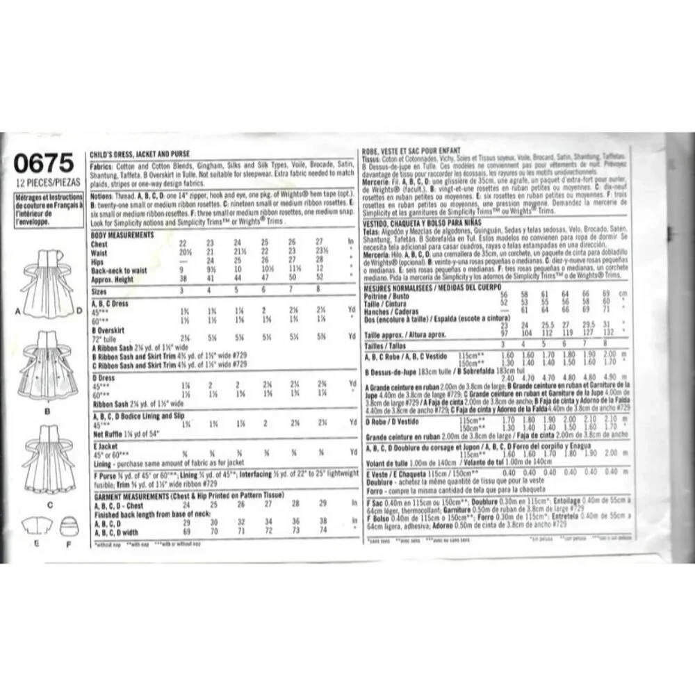 Simplicity 0675 5638 Childs Dress Jacket‎ Purse Sewing Pattern Sizes 5-8
